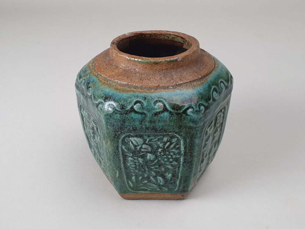 Antique rustic pottery pale turquoise glazed Ginger Jar or Pot
