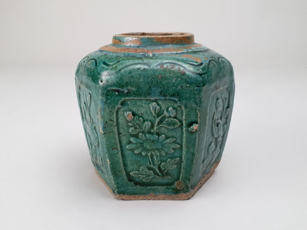 Antique rustic pottery turquoise-green glazed Ginger Jar or Pot