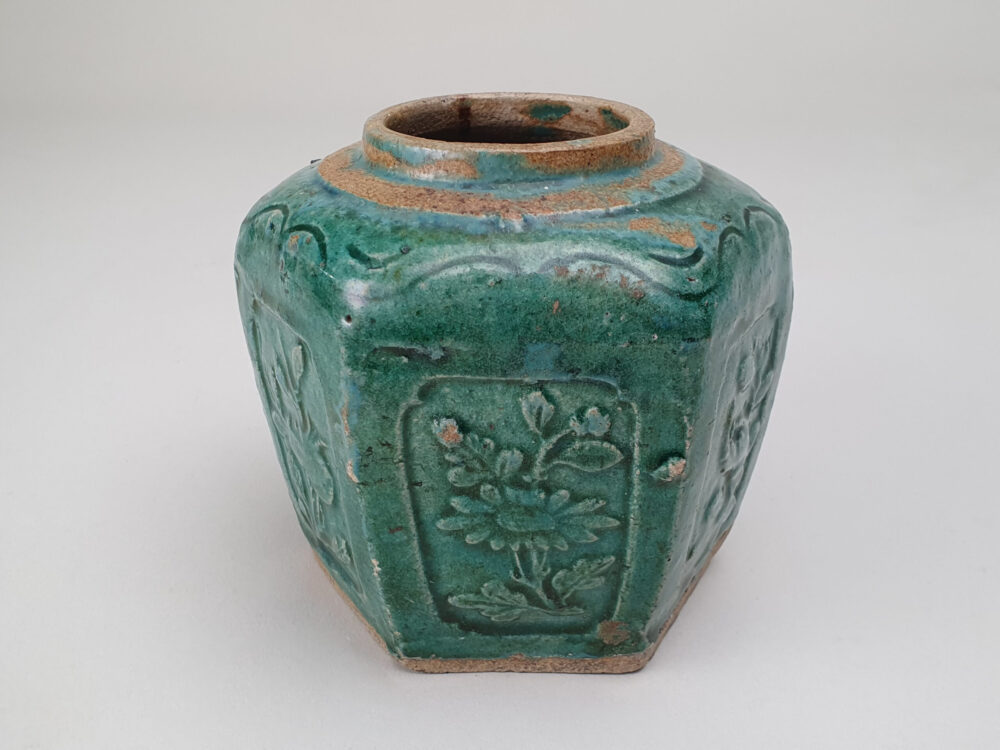 Antique rustic pottery turquoise-green glazed Ginger Jar or Pot
