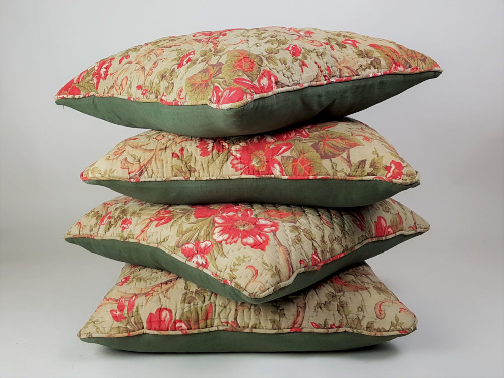 Antique square green floral Cushion made from a French boutis quilt
