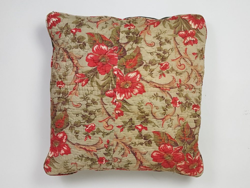 Antique square green floral Cushion made from a French boutis quilt