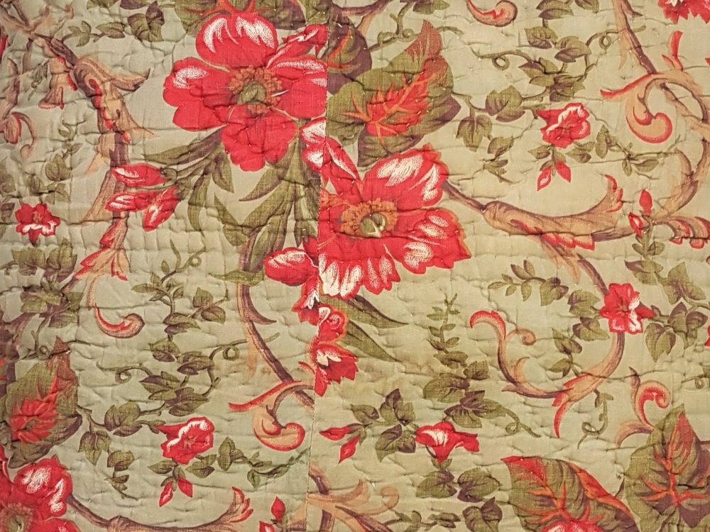 Antique square green floral Cushion made from a French boutis quilt