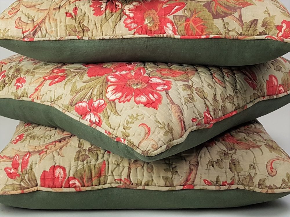 Antique square green floral Cushion made from a French boutis quilt