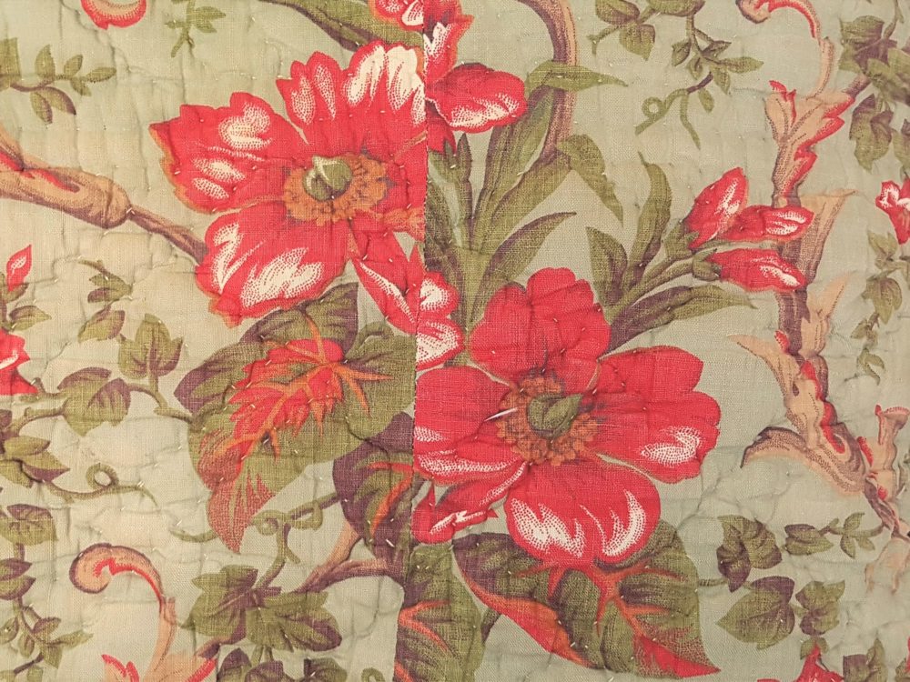 Antique square green floral Cushion made from a French boutis quilt