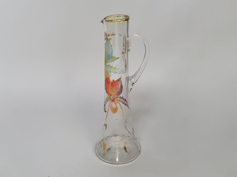 Antique tall clear Glass Jug with hand painted flowers