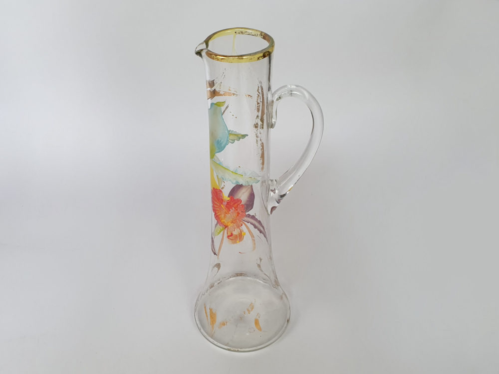 Antique tall clear Glass Jug with hand painted flowers