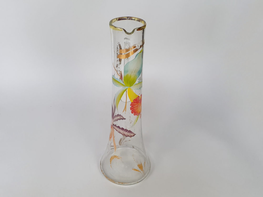 Antique tall clear Glass Jug with hand painted flowers