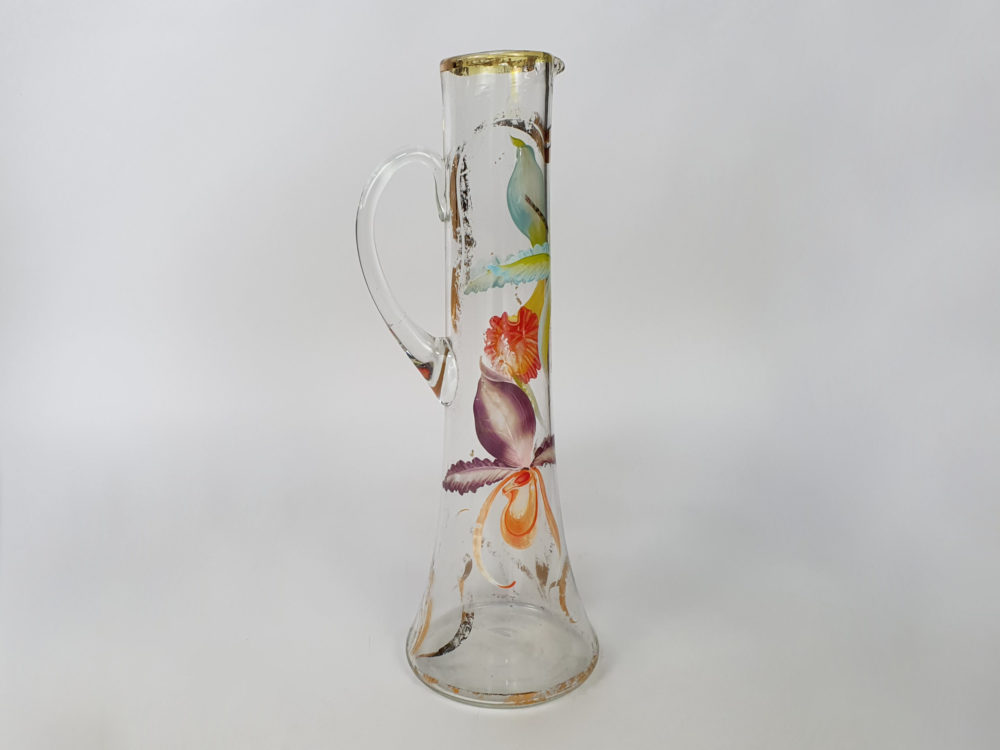 Antique tall clear Glass Jug with hand painted flowers