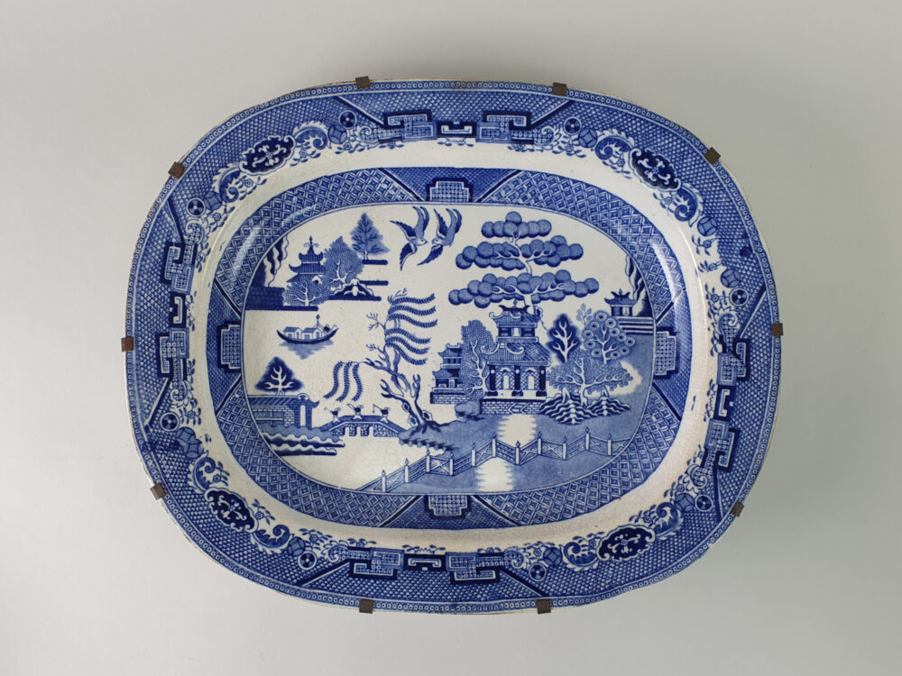 Antique willow pattern Platter or Meat Plate wired for mounting