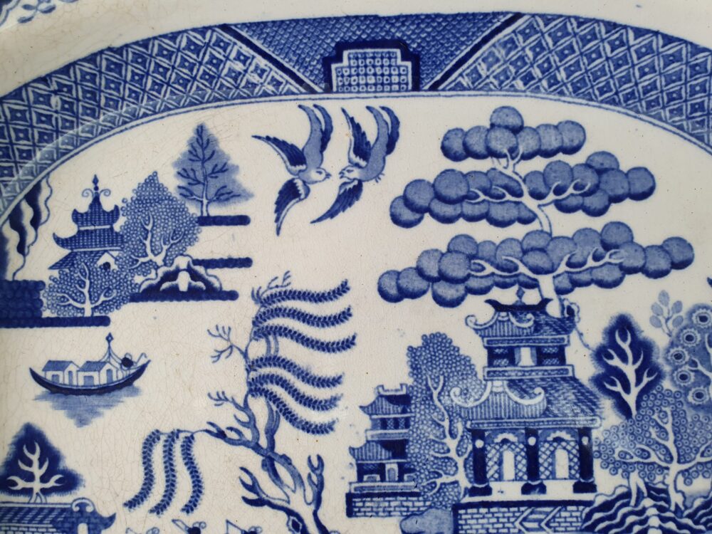 Antique willow pattern Platter or Meat Plate wired for mounting