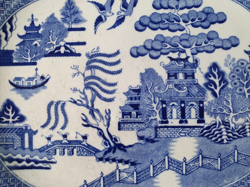 Antique willow pattern Platter or Meat Plate wired for mounting