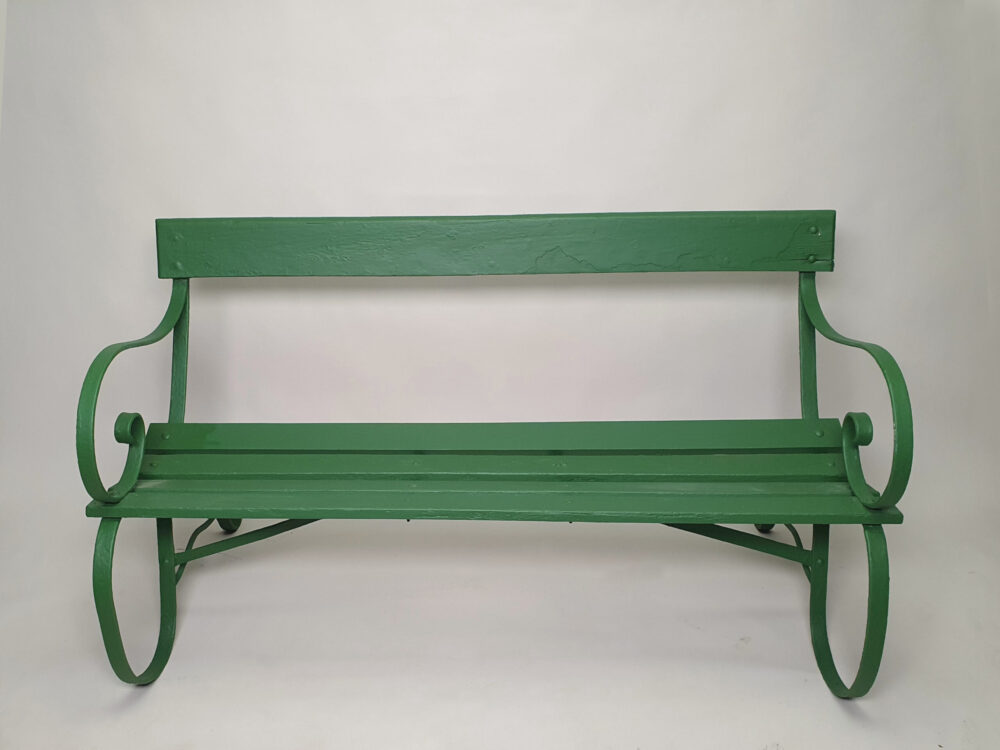 Antique wrought iron Garden Bench with wooden slats and old green paint