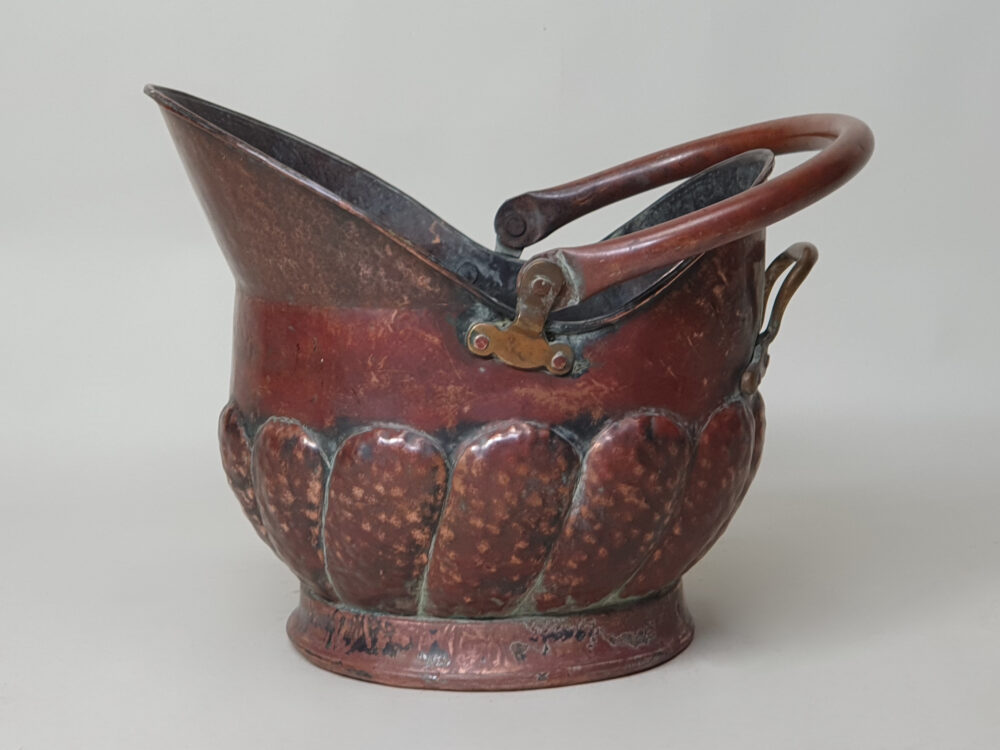 Antiuqe Art Nouveau Copper repoussé helmet Coal Scuttle