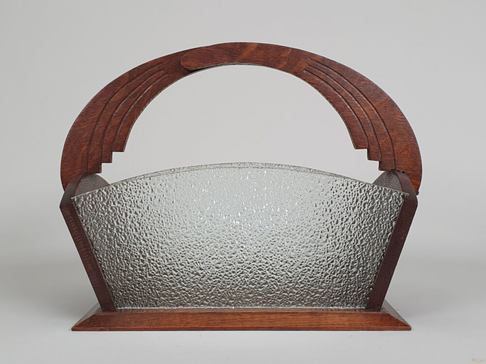 Art Deco oak and textured glass fruit basket