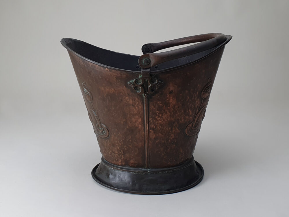 Art Nouveau Copper repoussé helmet Coal Skuttle or Coal Bucket