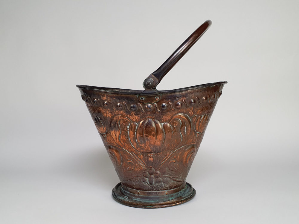 Art Nouveau copper repousse helmet Coal Scuttle