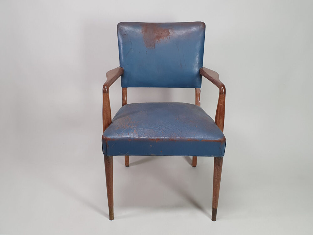 Blue leather mid century antique Desk or Bridge Chair