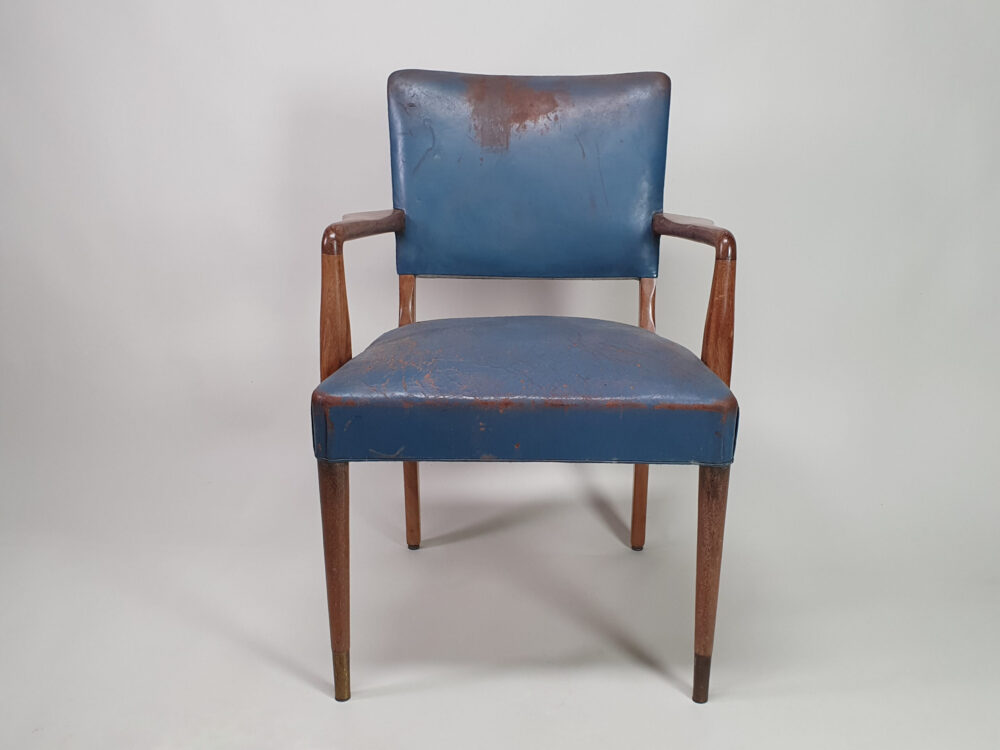 Blue leather mid century antique Desk or Bridge Chair