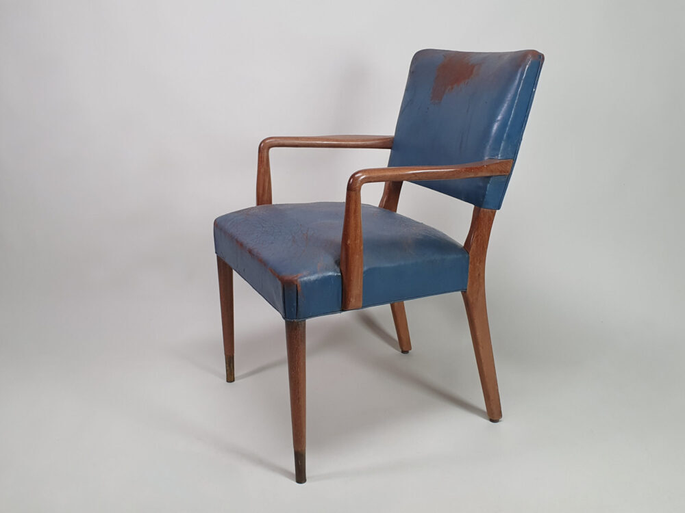 Blue leather mid century antique Desk or Bridge Chair
