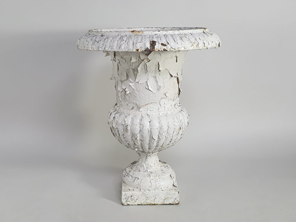 Cast iron antique Garden Urn in flaky white paint