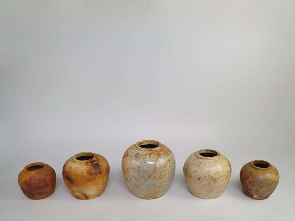 Collection of five rustic antique pottery Ginger Jars