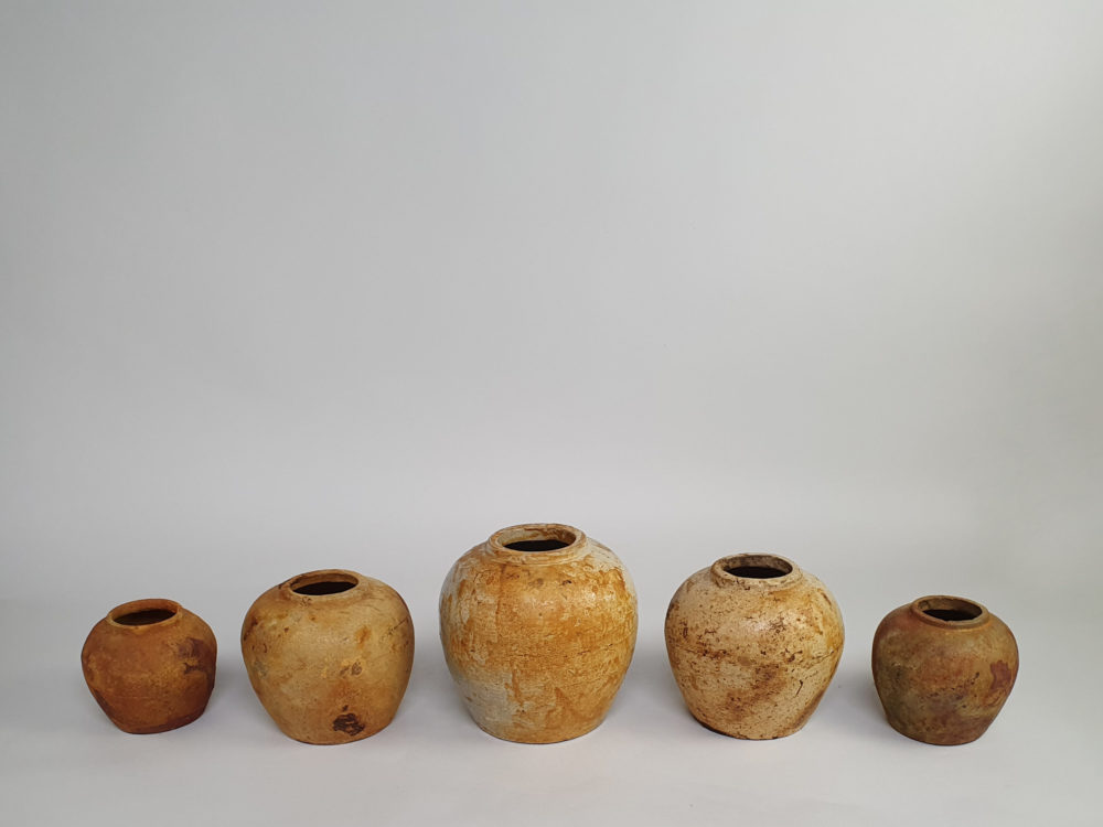 Collection of five rustic antique pottery Ginger Jars