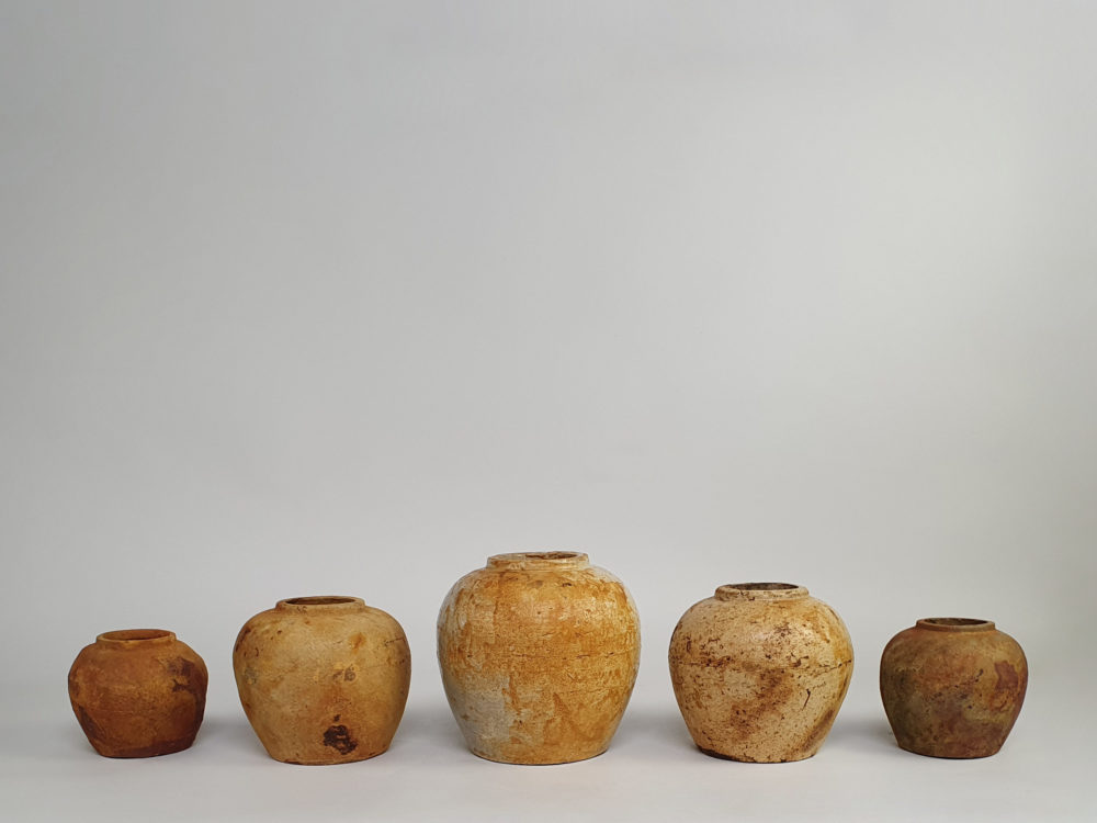 Collection of five rustic antique pottery Ginger Jars