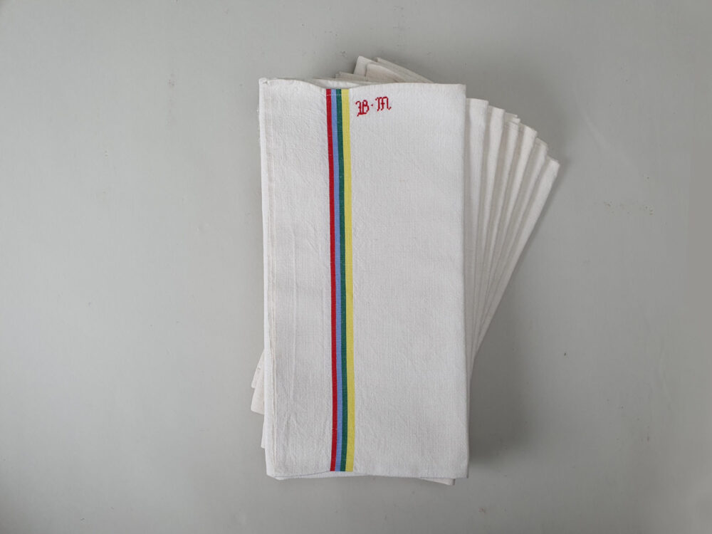 Cotton Torchons, or Tea Towels, with an antique embroidery monogram B M