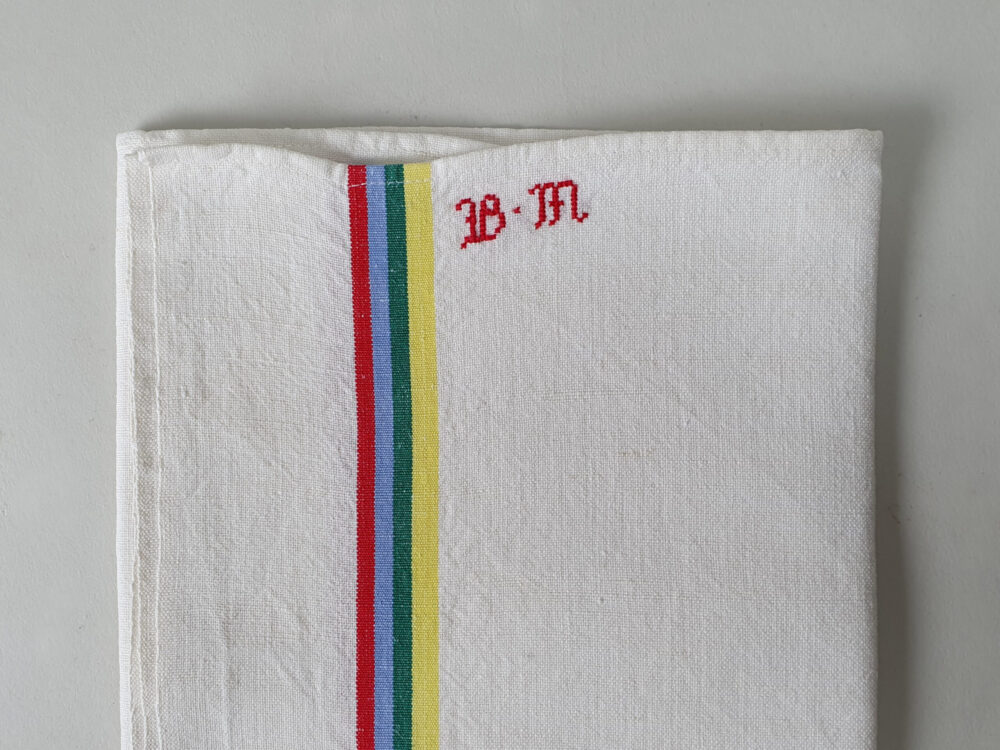 Cotton Torchons, or Tea Towels, with an antique embroidery monogram B M