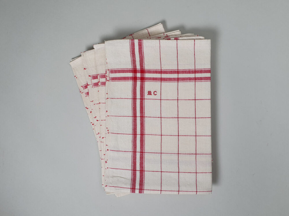 Cotton woven Torchons, or Tea Towels in a red cheque design with an antique embroidery hand stitched monogram ~ M C