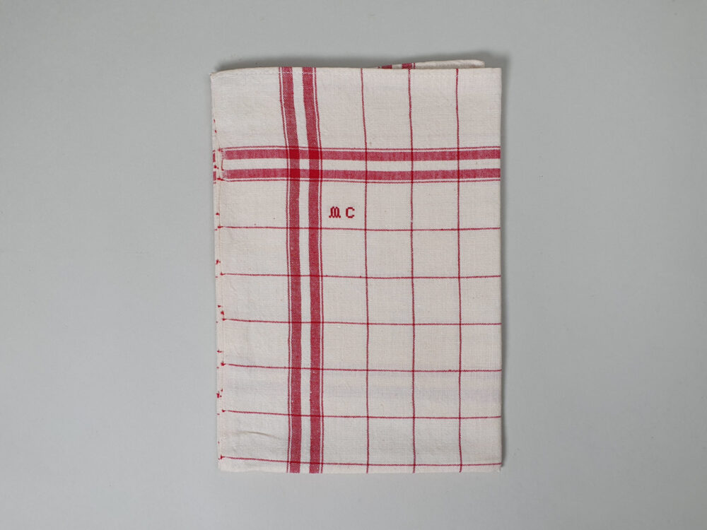 Cotton woven Torchons, or Tea Towels in a red cheque design with an antique embroidery hand stitched monogram ~ M C