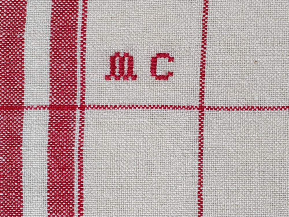 Cotton woven Torchons, or Tea Towels in a red cheque design with an antique embroidery hand stitched monogram ~ M C