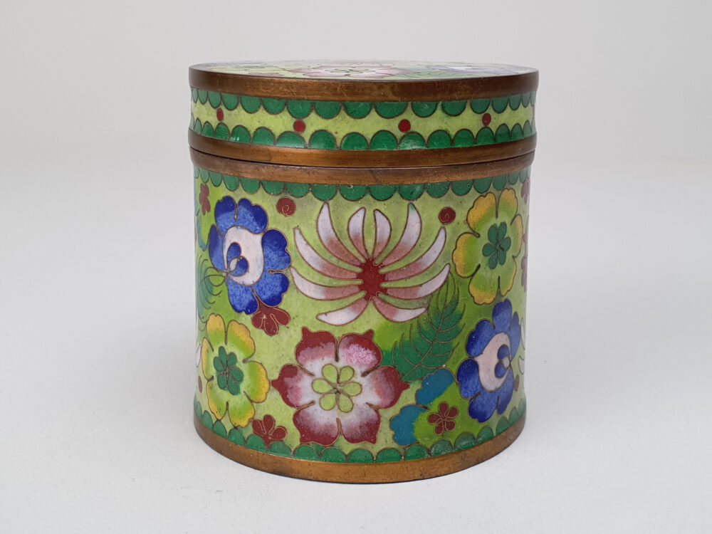 Decorative antique Japanese Cloisonné Tea Jar and Lid with green enamelling and a floral design