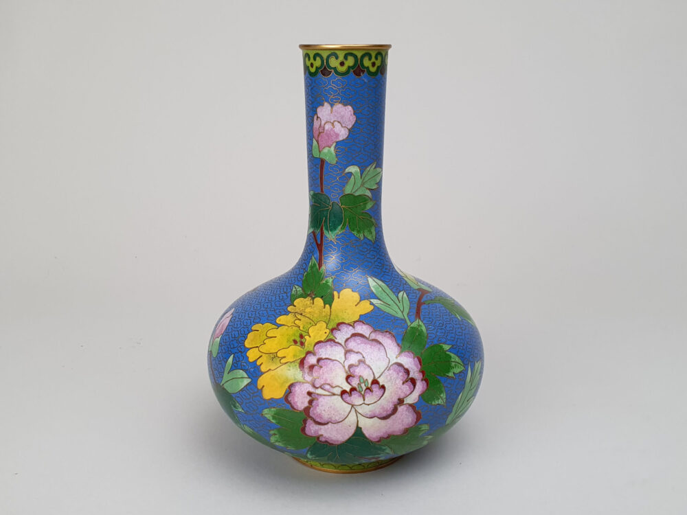 Decorative antique Japanese Cloisonné Vase featuring pink & yellow magnolia blossom