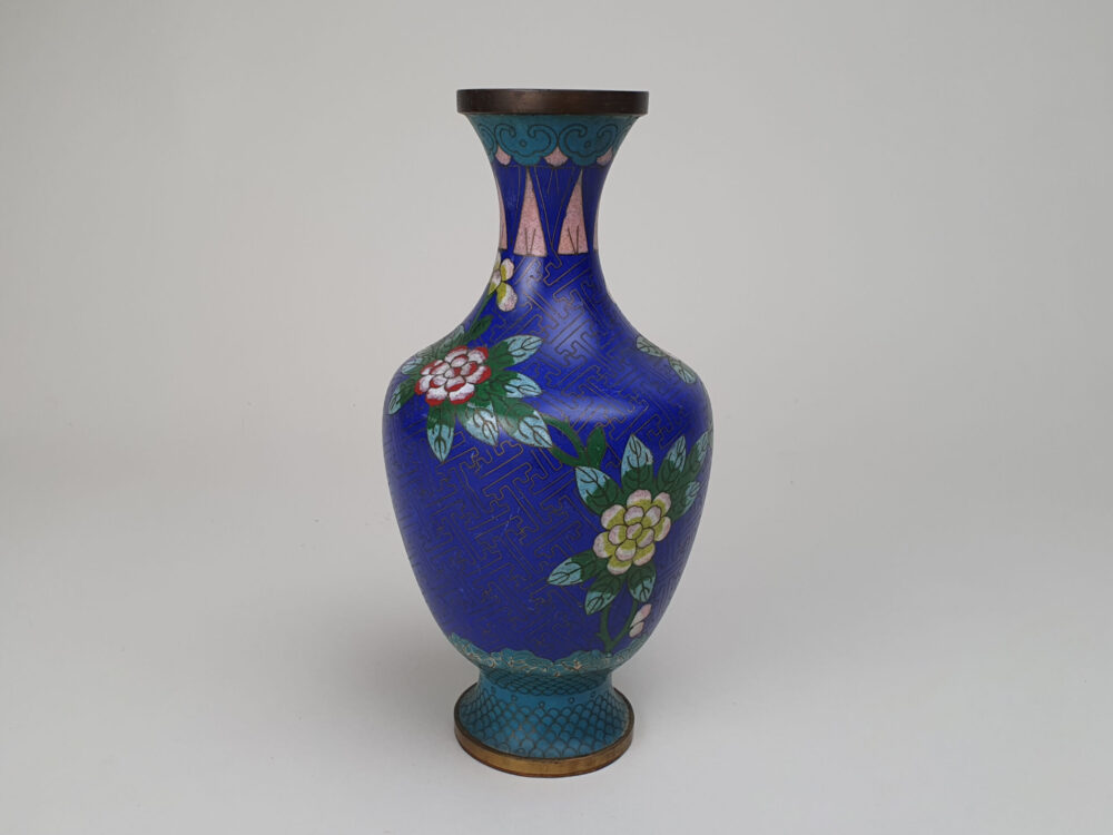 Decorative antique Japanese Cloisonné Vase with royal blue and turquoise enamelling
