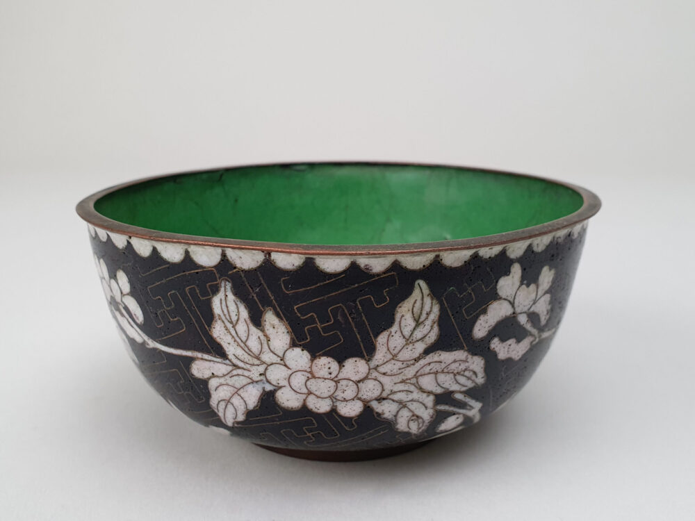 Decorative antique Japanese Cloisonné black Bowl with pretty flowers & turquoise interior