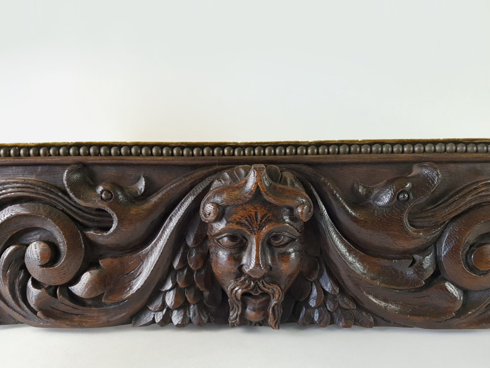 Decorative antique carved oak long Plaque showing Bacchus, the Greek God