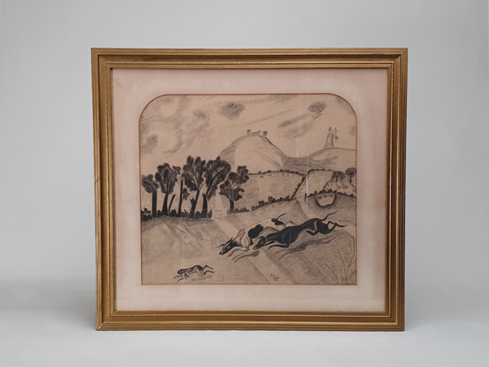 Decorative antique charcoal drawing of Hounds and a Rabbit dated 1904 