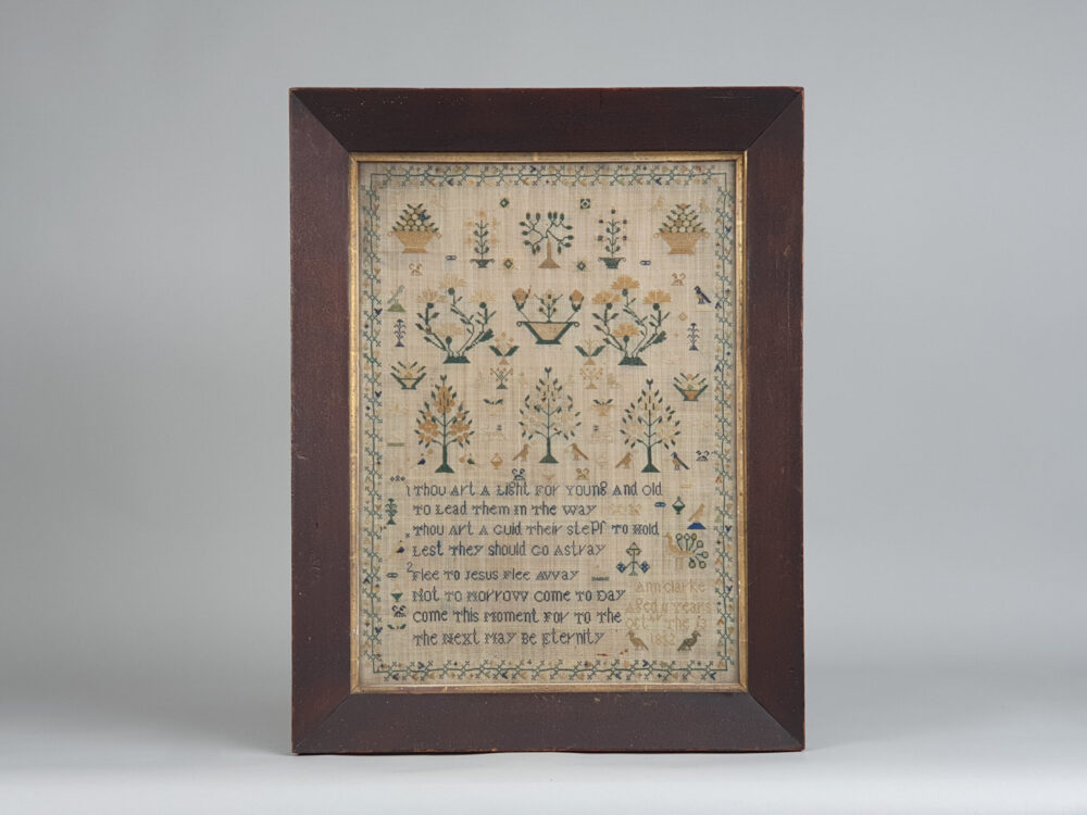 19th century antique embroidery Needlework Sampler, 1852, Ann Clarke