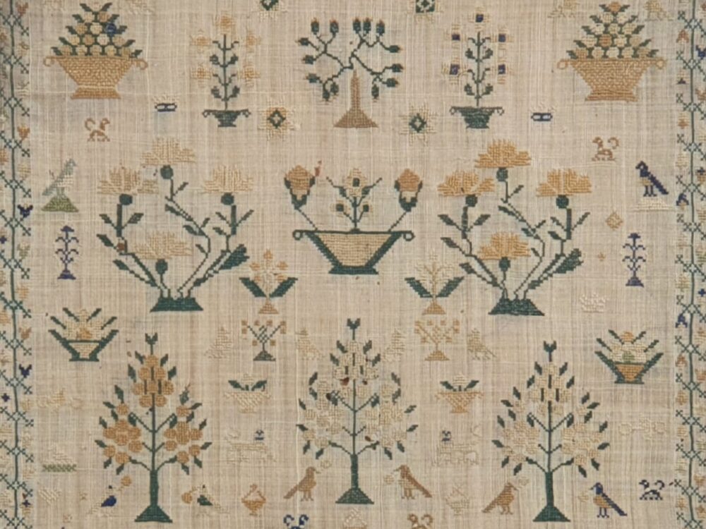 19th century antique embroidery Needlework Sampler, 1852, Ann Clarke