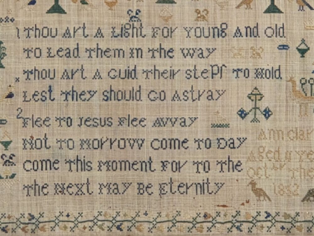 19th century antique embroidery Needlework Sampler, 1852, Ann Clarke