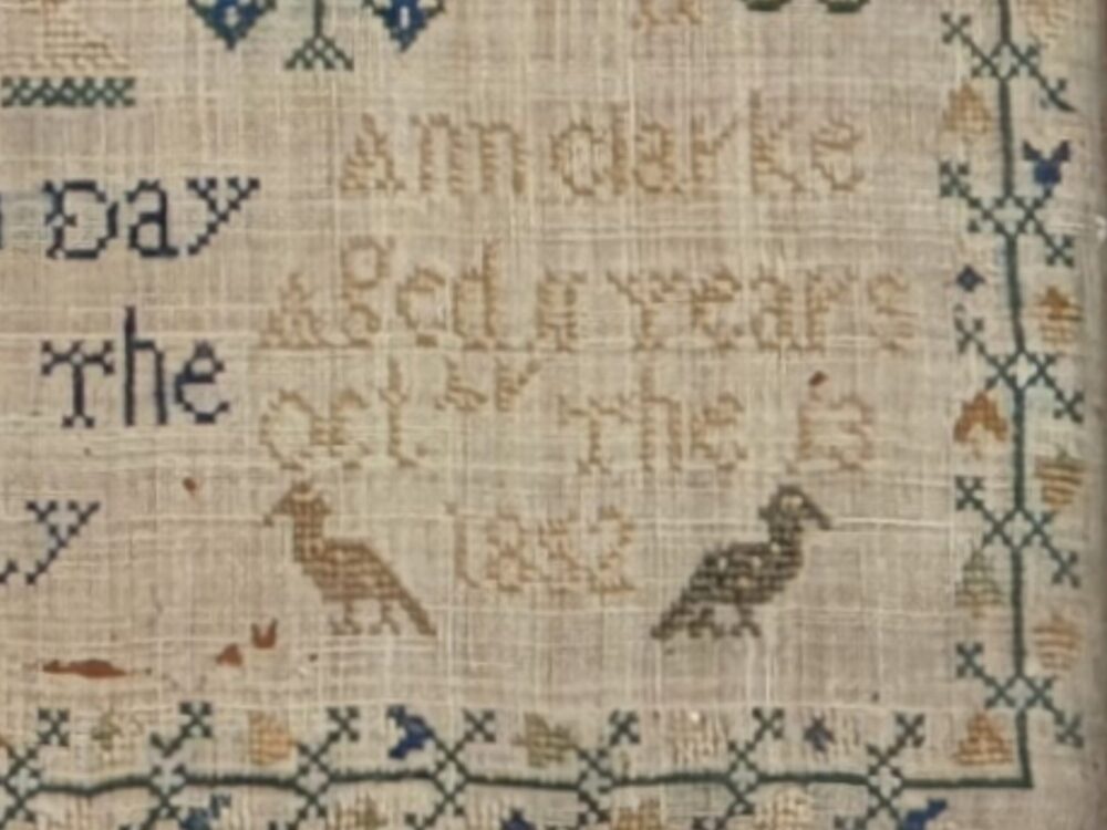 19th century antique embroidery Needlework Sampler, 1852, Ann Clarke