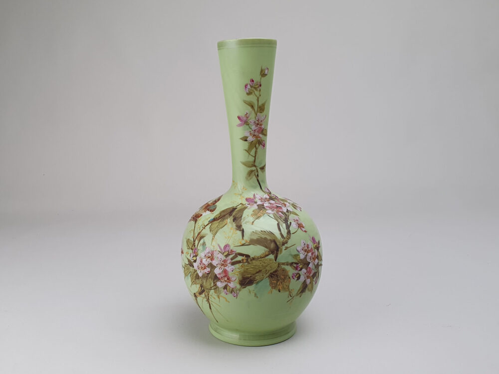 Edwardian decorative antique green opaque glass Vase with a hand painted bird design