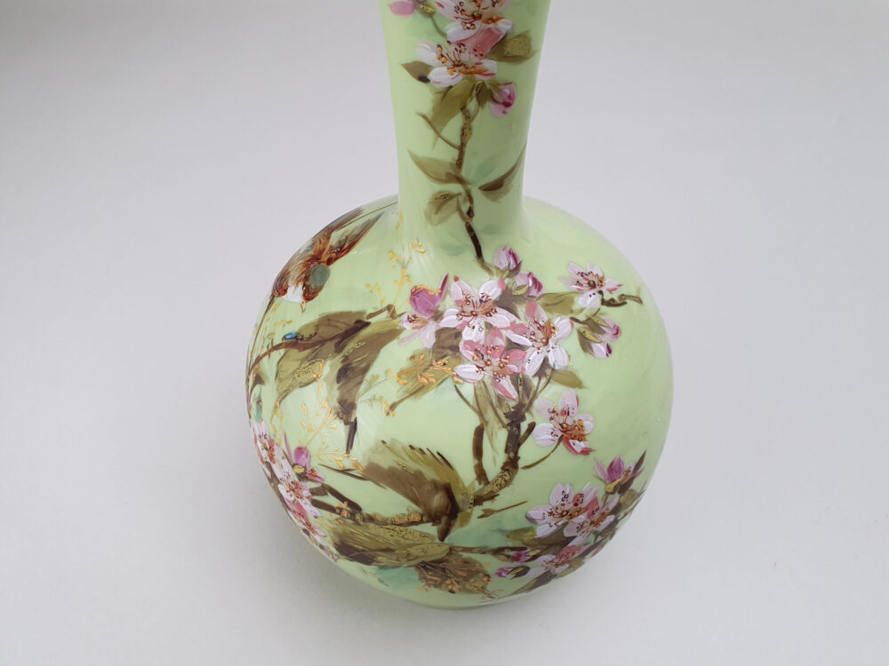 Edwardian decorative antique green opaque glass Vase with a hand painted bird design