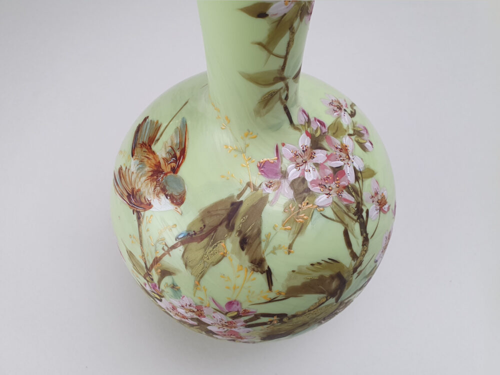 Edwardian decorative antique green opaque glass Vase with a hand painted bird design