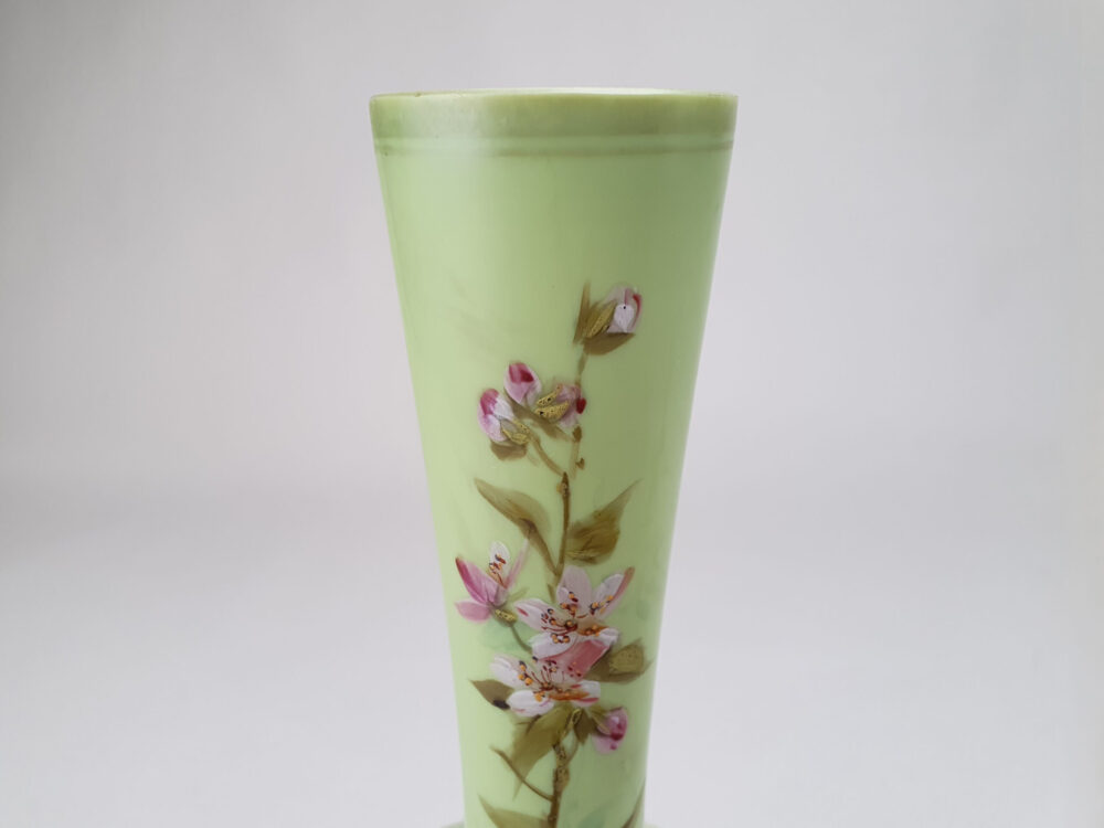 Edwardian decorative antique green opaque glass Vase with a hand painted bird design