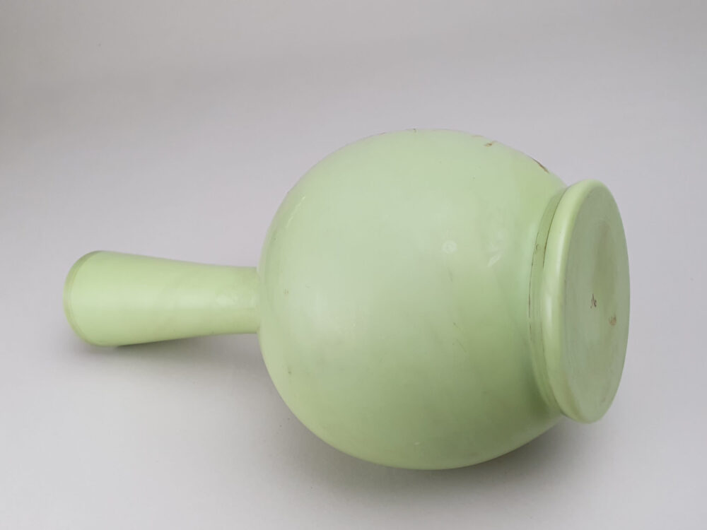 Edwardian decorative antique green opaque glass Vase with a hand painted bird design