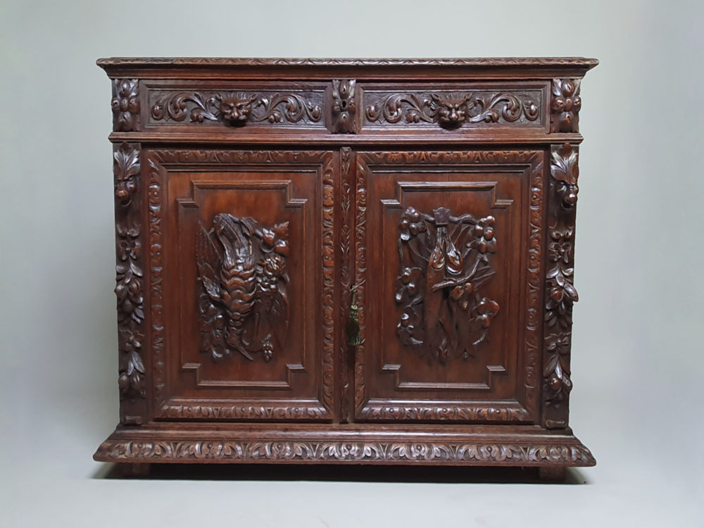 French antique oak Sideboard or Buffet with ornate bird, fish and lion carvings