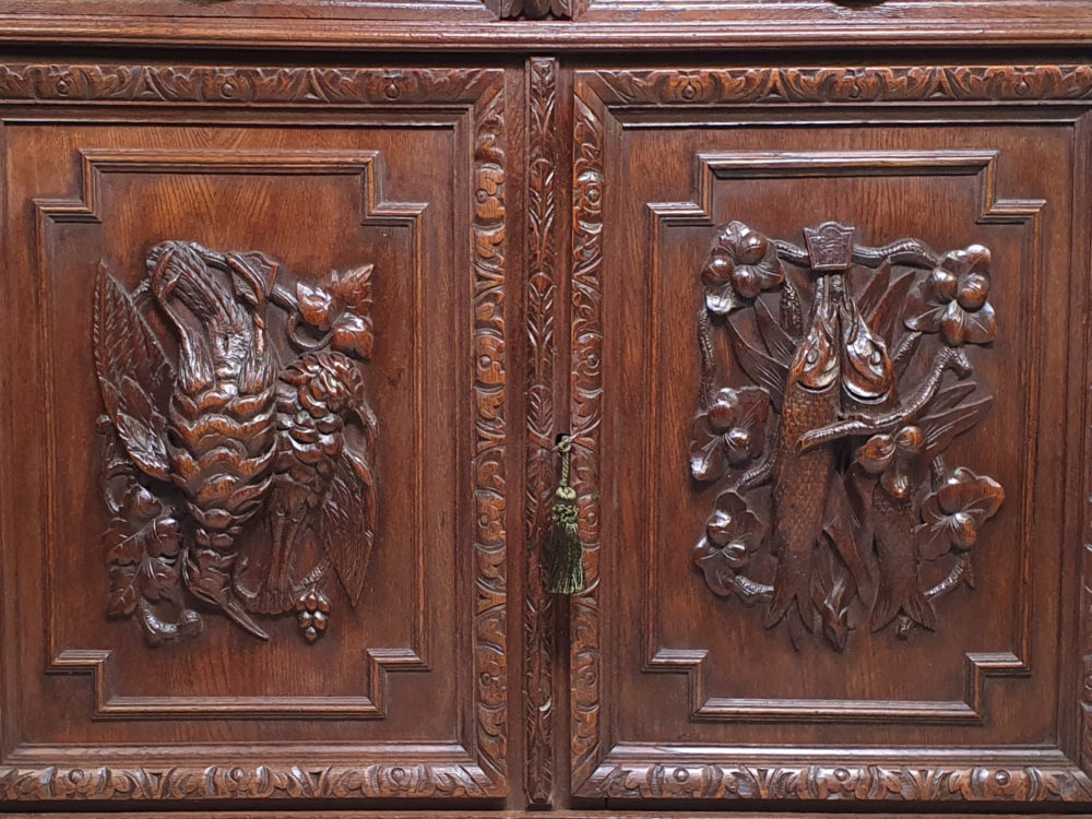 French antique oak Sideboard or Buffet with ornate bird, fish and lion carvings