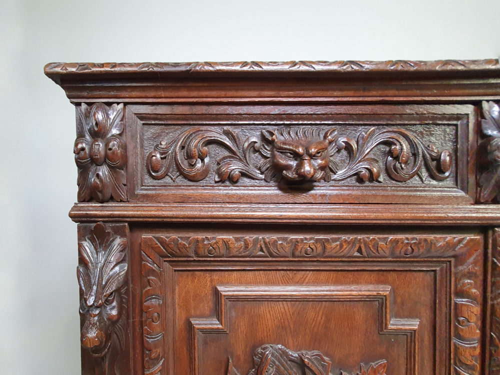 French antique oak Sideboard or Buffet with ornate bird, fish and lion carvings